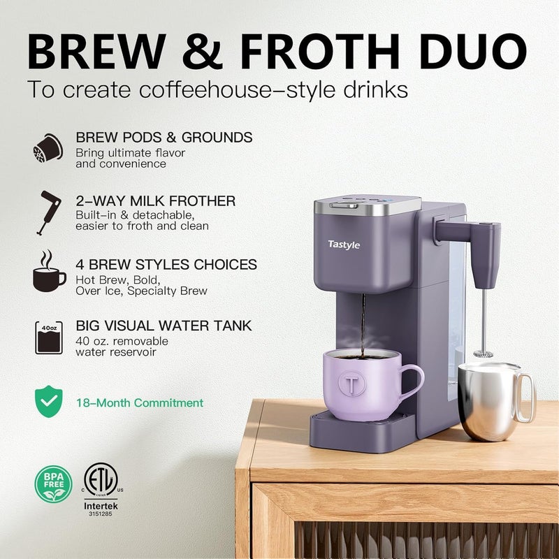Tastyle Single Serve Coffee Maker with Built-in Detachable Milk Frother, Iced and Hot Coffee Machine for K Cup & Grounds, 40oz Removable Water Reservoir, 6 Cup Sizes, Fits 7.3" Travel Mug, Purple - Image 2